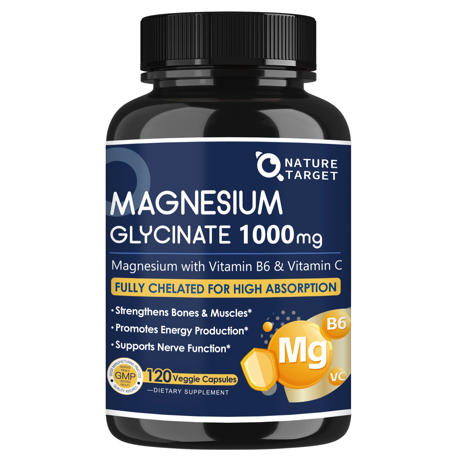 Magnesium Glycinate 1000mg with Vitamins C B6 for Muscle Nerve Heart Health 120 Vegan Capsules