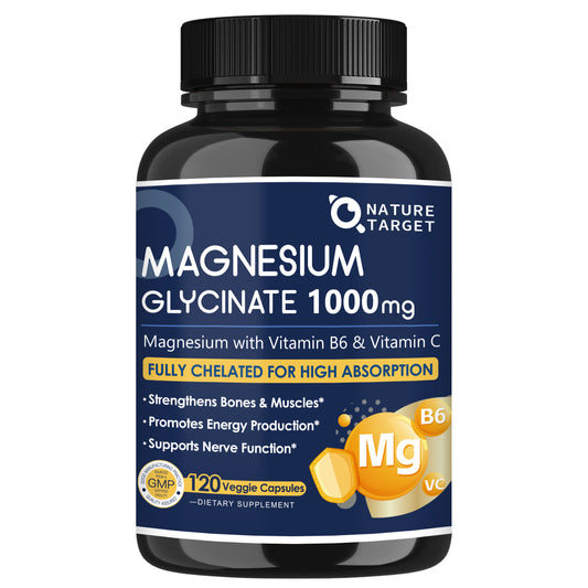 Magnesium Glycinate 1000mg with Vitamins C B6 for Muscle Nerve Heart Health 120 Vegan Capsules