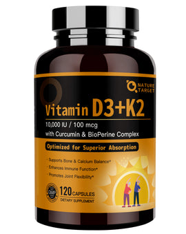 Vitamin D3 10,000 IU + K2 MK-7 100mcg, Curcumin & BioPerine, Vcaps, 120 Vcaps