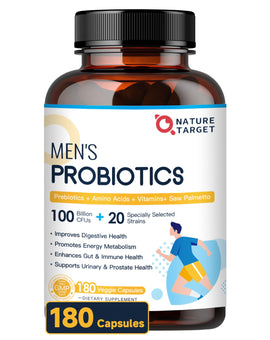 Men's Probiotics 100B CFUs 20 Strains with Saw Palmetto 200mg, Prebiotics 200mg & Digestive Enzymes, 180 Vcaps