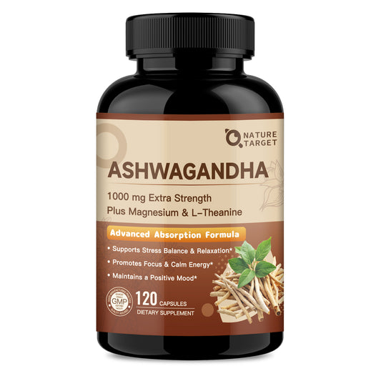 Ashwagandha Root Extract 1000mg with Magnesium and L-Theanine, 120 Vegan Capsules