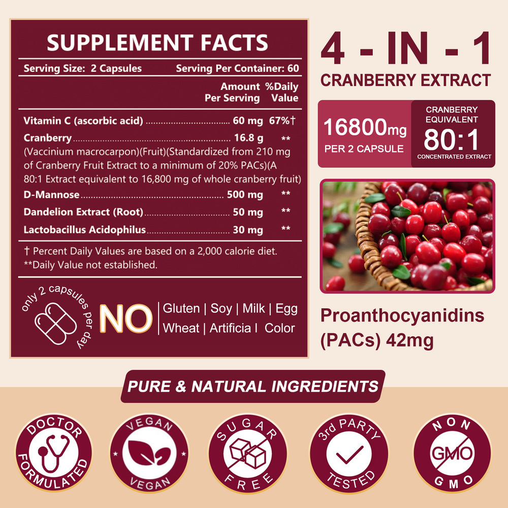 D Berry Cranberry 16800mg + D-Mannose 500mg | UTI Support | 120 Vcaps – Nature ...