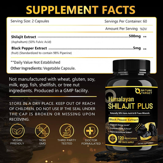 Himalayan Shilajit Extract 500mg with 50% Fulvic Acid & Black Pepper Extract, 120 Vcaps