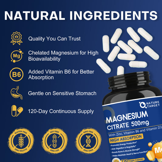 Magnesium Citrate 500mg with Zinc Glycinate 8mg, Vitamin D3 25mcg & B6, 120 Vcaps
