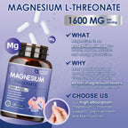 Magnesium L-Threonate Capsules, High Absorption Magnesium Supplement 1600mg, 120 Vegan Capsules