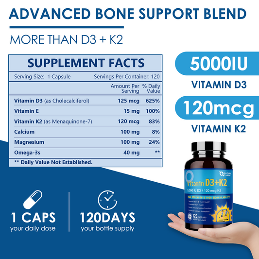 Vitamin D3 5,000 IU + K2 MK-7 120mcg with Magnesium & Calcium, Vcaps, 120 Vcaps