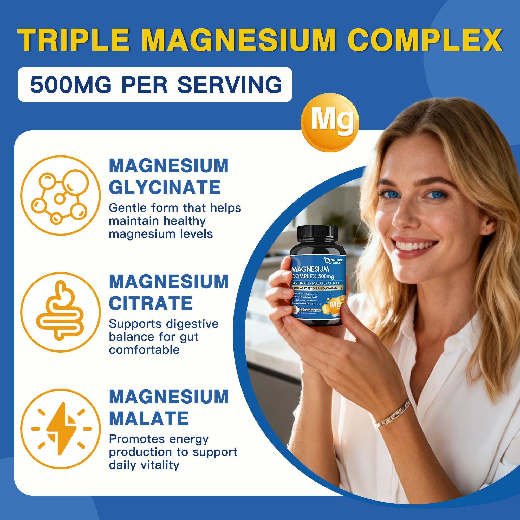 Triple Magnesium 500mg + Zinc & D3 | Muscle & Sleep | 120 Vcaps