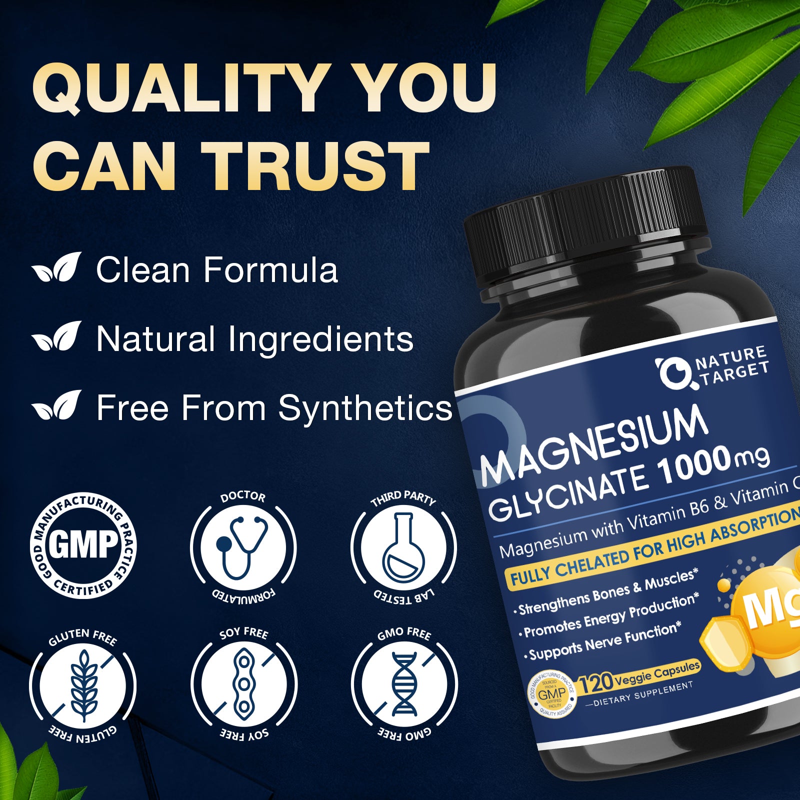 Magnesium Glycinate 1000mg + B6 & C | Sleep & Nerve | 120 Vcaps
