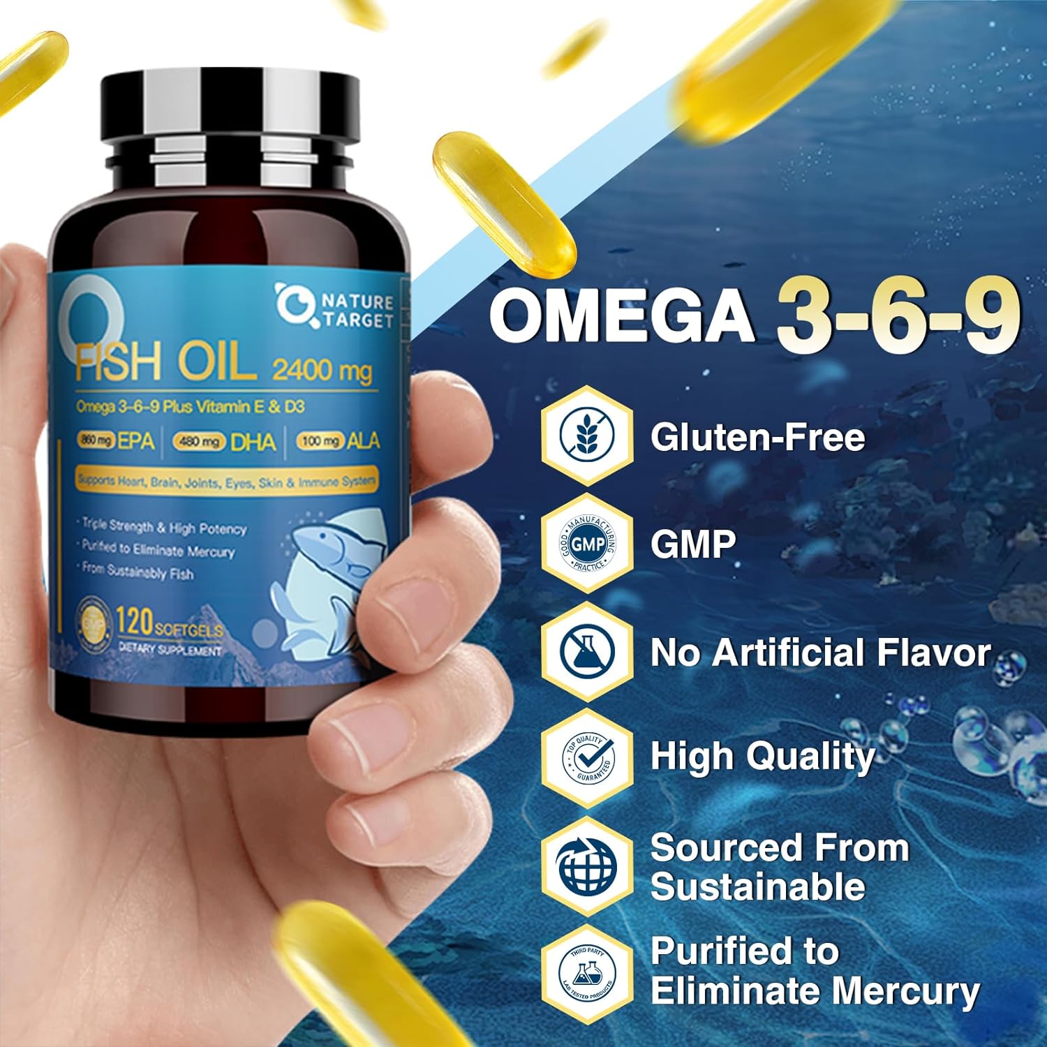 Fish Oil Supplements Softgels with Vitamin D3 & E - EPA