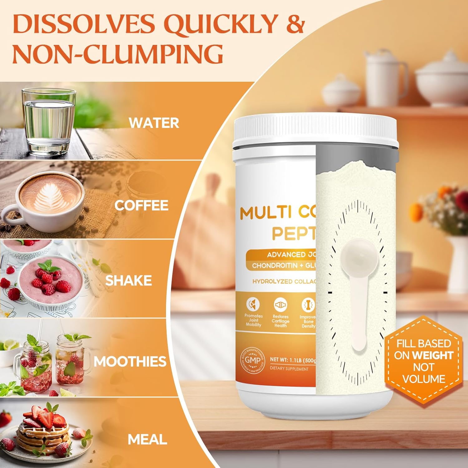 Quickly dissolving and non-clumping Multi Collagen Peptides Powder