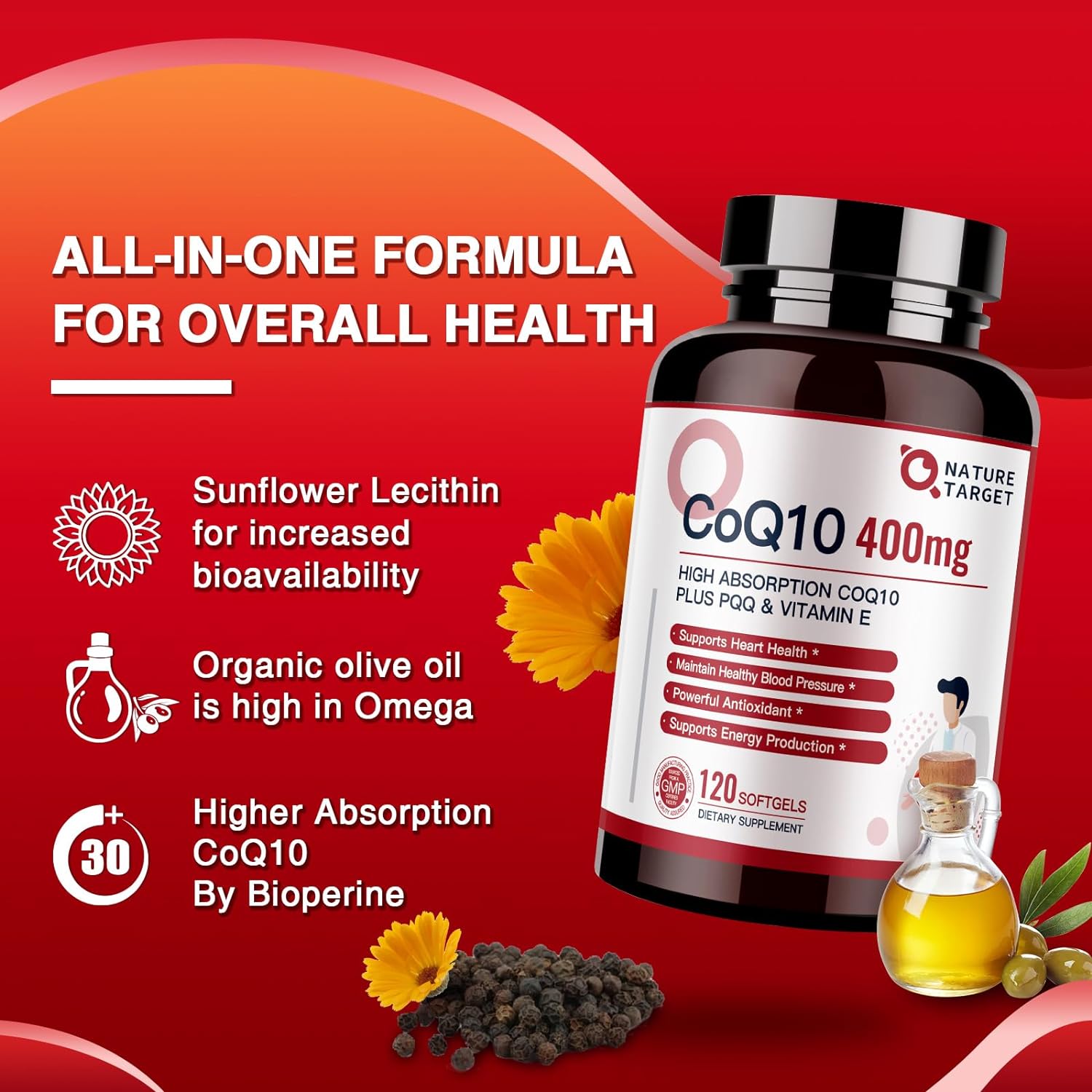 CoQ10 + PQQ + Vitamin E, 400mg, 120 Softgels