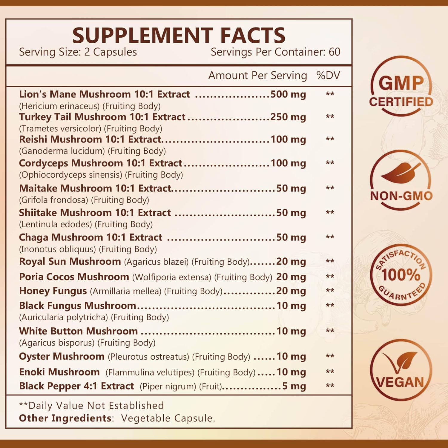 The ingredient information of Nature Target Mushroom Supplement.
