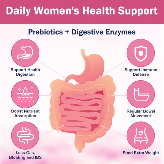 Probiotics containing digestive enzymes and prebiotics to support women's health.