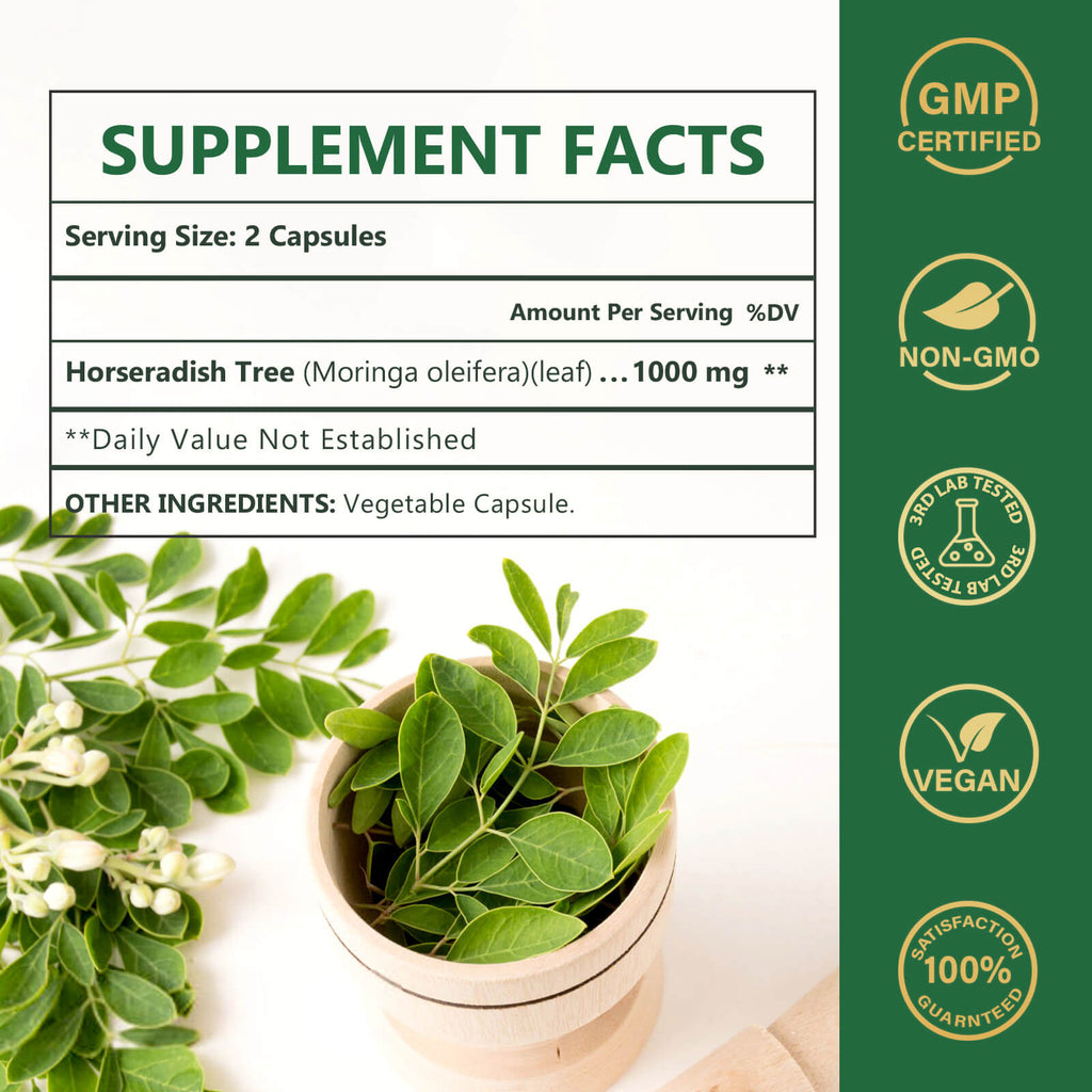 Moringa Capsules, from Pure Moringa Leaves, for Immune, Daily Wellness Supplement