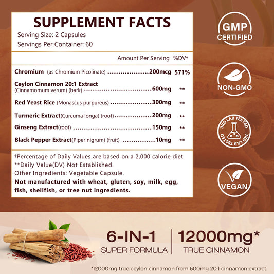 Ceylon Cinnamon 12000mg, Red Yeast Rice & Chromium, 120 Vcaps