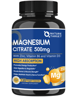 Magnesium Citrate 500mg with Zinc Glycinate 8mg, Vitamin D3 25mcg & B6, 120 Vcaps