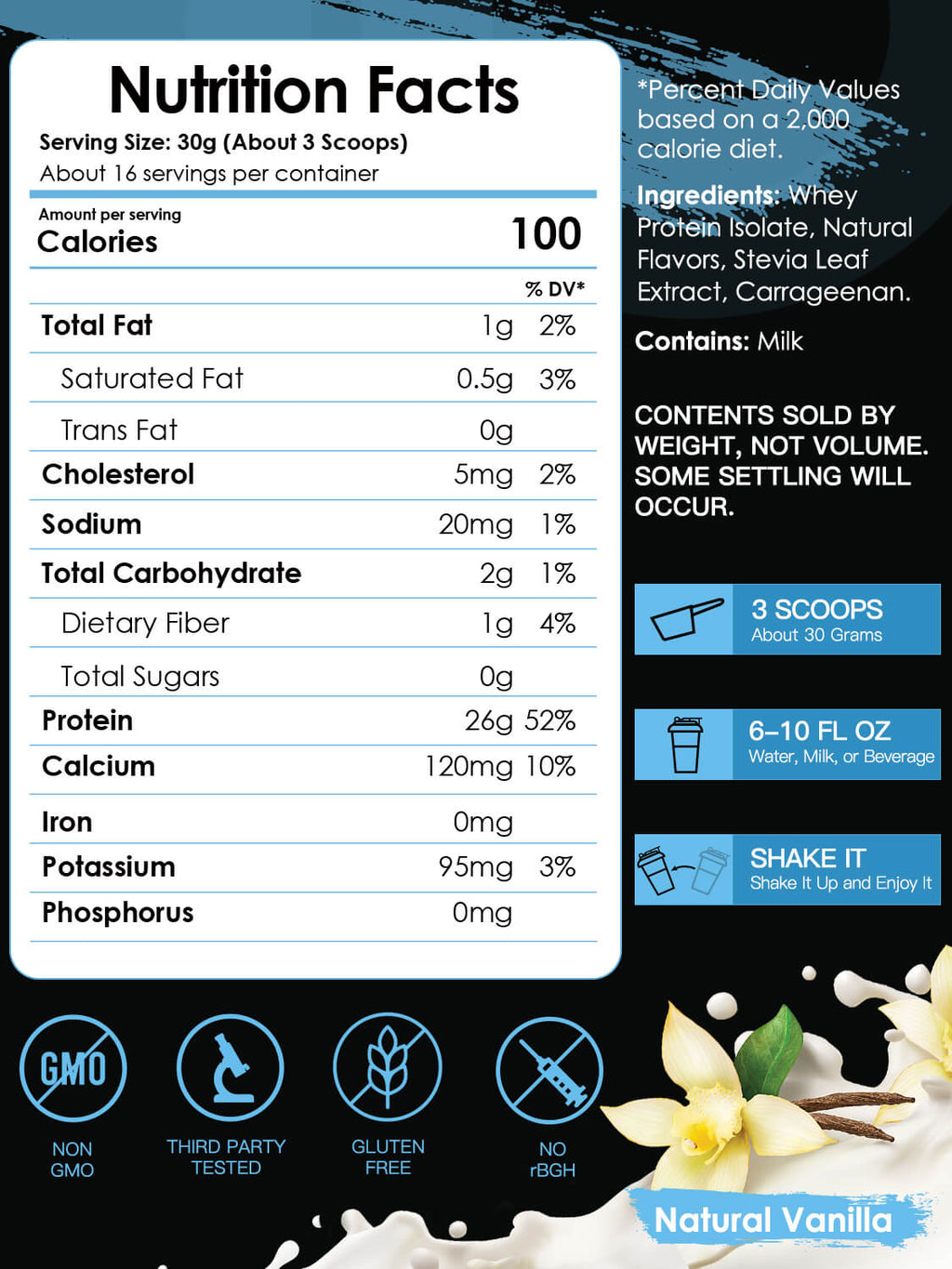 Vanilla Protein Powder, Whey Protein Isolate, 26G Protein/Serving, 1.1LB