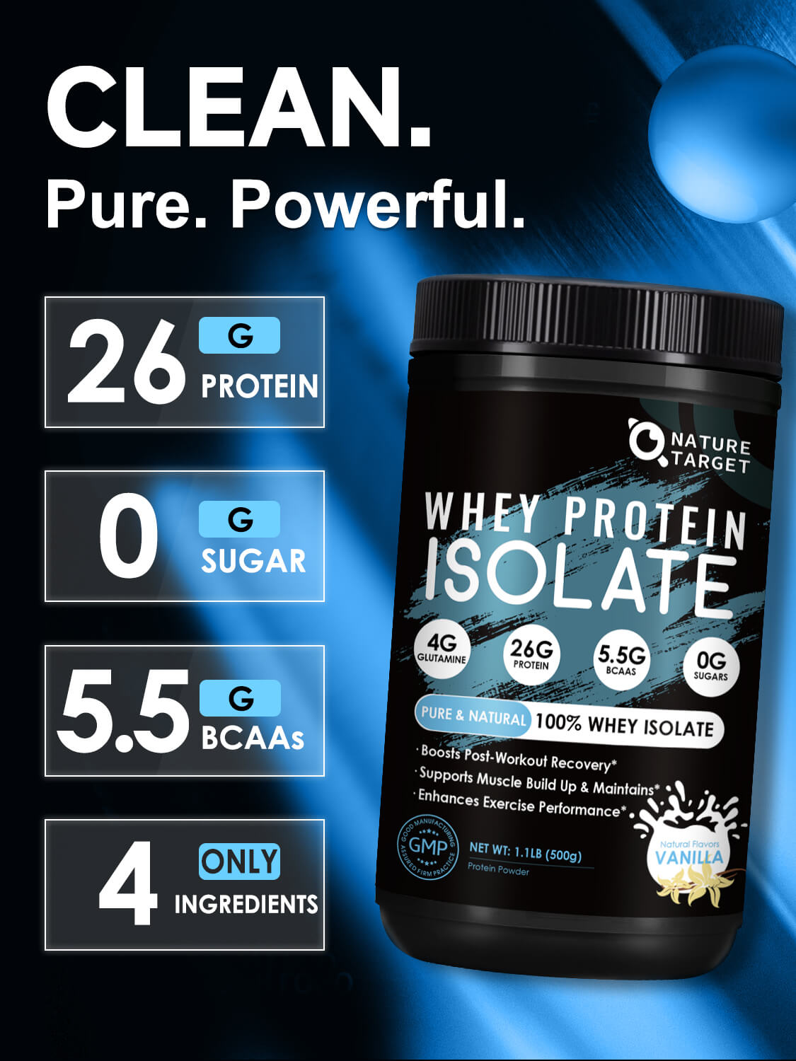 Vanilla Protein Powder, Whey Protein Isolate, 26G Protein/Serving, 1.1LB
