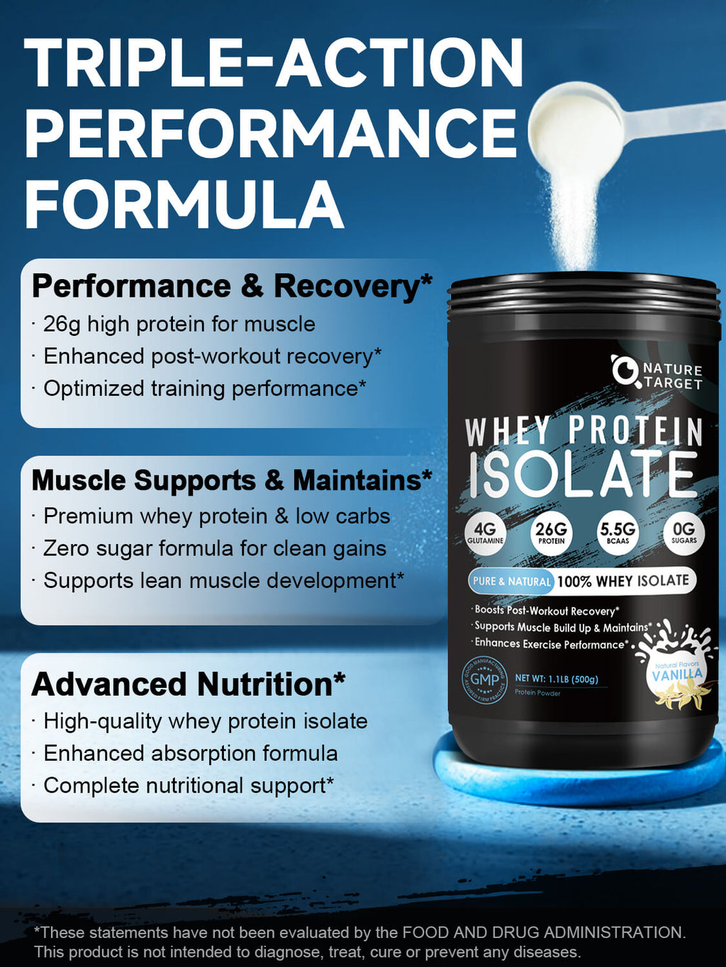 Vanilla Protein Powder, Whey Protein Isolate, 26G Protein/Serving, 1.1LB