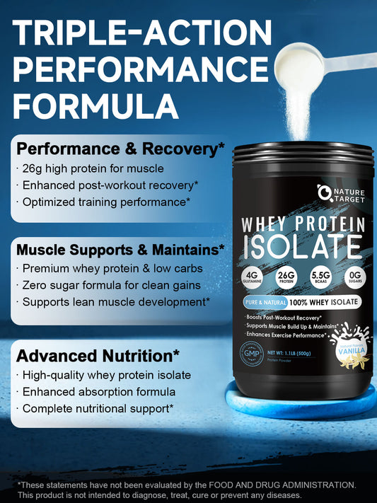 Grass-Fed Whey Protein Isolate 26g with BCAAs 5.5g, Natural Vanilla, 16 Servings